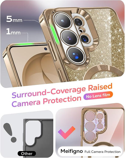 Meifigno Magnetic Case Designed for Samsung Galaxy S26 Ultra 6.9", [Compatible with MagSafe] [Removable Glitter Card & Wrist Strap], Surround Lens Protection Case for Galaxy S26 Ultra, Desert Titanium