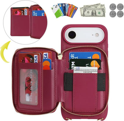 Crossbody Wallet Case for iPhone Air, PU Leather Zipper Handbag Purse Flip Cover, Kickstand Folio Case with Card Slots Holder Wrist Strap Lanyard 5G 6.5 Inch-Dark red