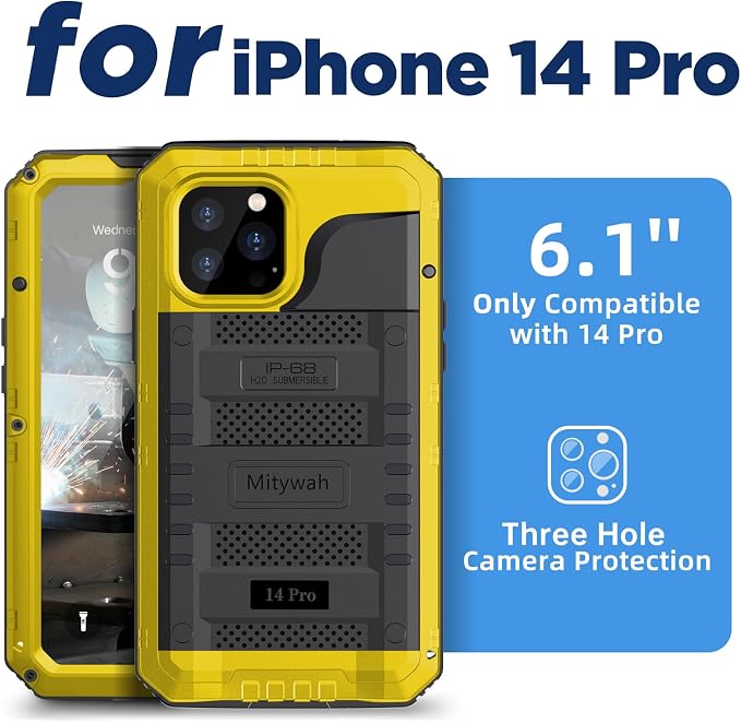 Mitywah Waterproof Case for iPhone 14 Pro, Heavy Duty Shockproof Case with Built-in Screen Protector, Full Body Underwater Protective Metal Case 6.1 inch, Yellow