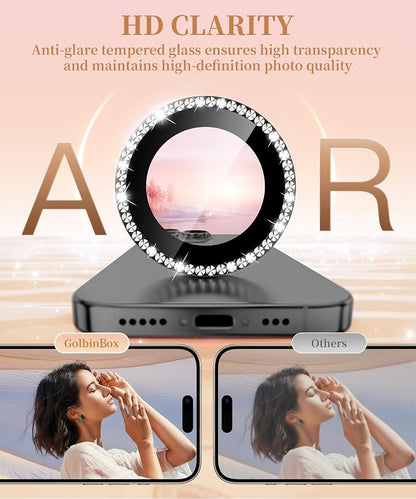 GolbinBox Camera Lens Protector for iPhone 17 Pro Max/17 Pro/16 Pro Max/16 Pro, 1:1 Invisible Fit, 9H Tempered Glass Ultra HD Metal Individual Camera Cover for Women, Case Friendly,Bling/Black