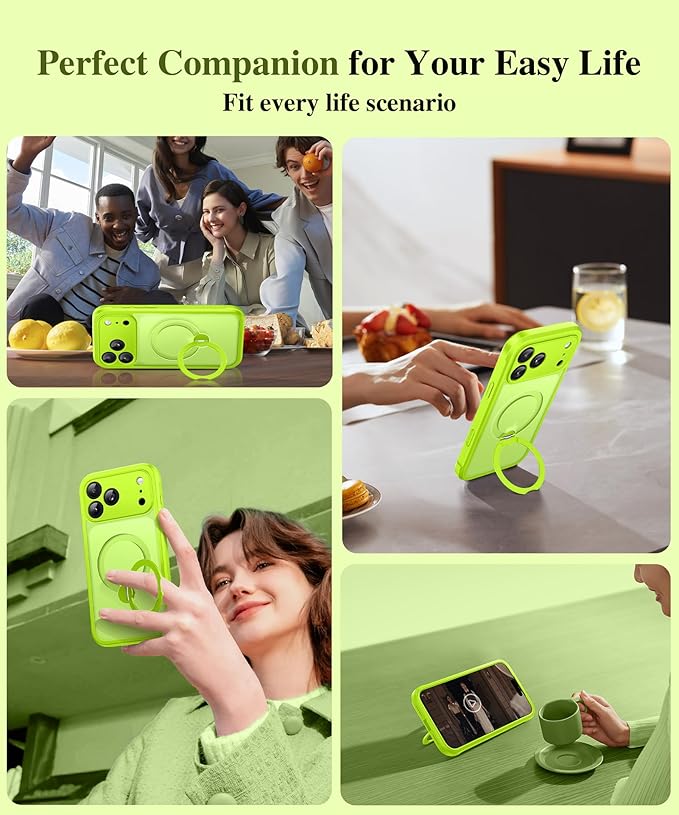 BERFY for iPhone 17 Pro Max Case, Compatible with MagSafe, Built in Privacy Screen Protector, Shockproof Full Body Phone Case for 17 Pro Max with Magnetic Stand, Translucent Bright Green