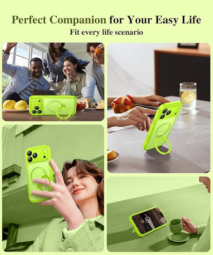 BERFY for iPhone 17 Pro Max Case, Compatible with MagSafe, Built in Privacy Screen Protector, Shockproof Full Body Phone Case for 17 Pro Max with Magnetic Stand, Translucent Bright Green
