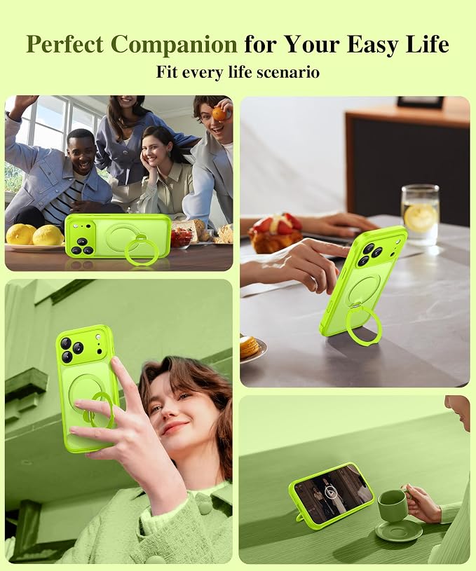 BERFY for iPhone 17 Pro Case, Compatible with MagSafe, Built in Privacy Screen Protector, Shockproof Full Body Phone Case for 17 Pro with Magnetic Stand, Translucent Bright Green
