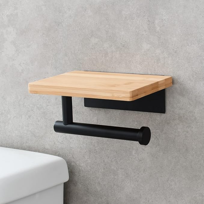 Tecmolog Stainless Steel Paper Towel Roll Holder Self Adhesive Black Toilet Paper Holder with Wood Shelf, SBH263B