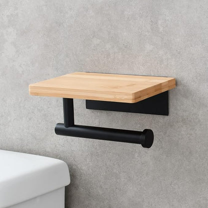 Tecmolog Stainless Steel Paper Towel Roll Holder Self Adhesive Black Toilet Paper Holder with Wood Shelf, SBH263B