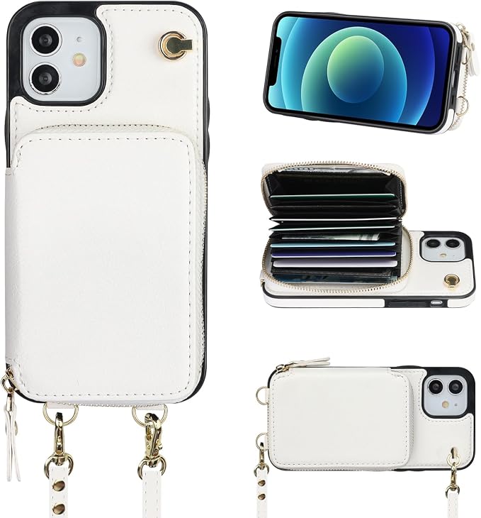 Bocasal Crossbody Wallet Case for iPhone 12/12 Pro, RFID Blocking Leather Purse Case with Card Holder, Protective Handbag Flip Cover with Zipper Wrist Strap Lanyard for Women 5G 6.1 Inch (White)