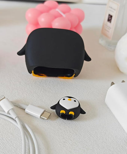 Compatible with Apple 20W/18W USB-C Adapter Charger, 3D Cartoon Protective Case for iPhone 20W USB-C Power Adapter Charger Fast Lightning Cable Cable Cover (Black Penguin)
