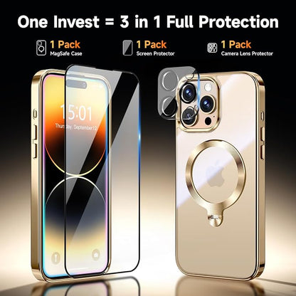 [Tri-Shield Protection] for iPhone 14 Pro Case with 360° Spin Stand Compatible with MagSafe [Magnetic CD Ring] [Screen & Camera Lens Protector] Shockproof Plating Never-Yellowing, Gold-6.1"