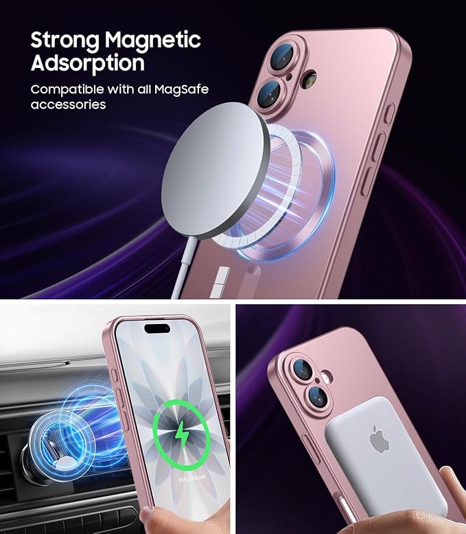 Magnetic for iPhone 17 Case [Compatible with MagSafe][Built-in Camera Lens Protector] Slim Thin Soft Silicone Bumper Shockproof Metallic Luster Phone Case (Rose Gold)