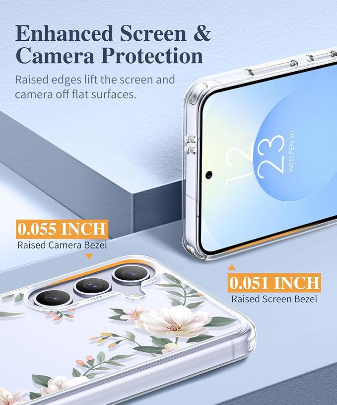 GVIEWIN for Samsung Galaxy S25 Plus Case, Clear Floral Slim Shockproof Protective Women Phone Case, Non-Yellowing, with Screen Protector & Camera Lens Protector for S25 Plus 6.7", Magnolia/White