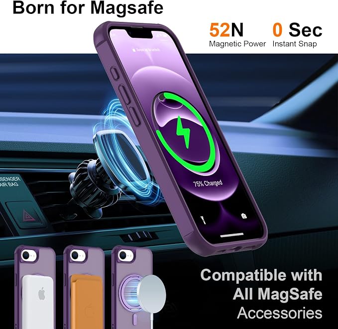 360° Magnetic Swivel Ring for iPhone 16E & 17E Case, Built-in Metal Stand and Ring Holder, Magsafe Compatible, Military Grade Protection, Shockproof - Purple