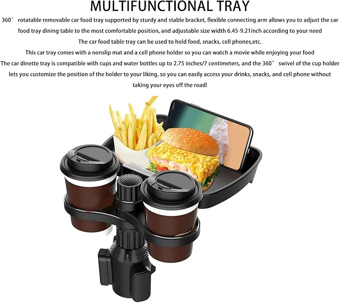 VBESTLIFE 4 in 1 Car Cup Holder Expander Tray, Car Cup Holder + Phone Mount + Food Tray Multifunctional Cup Holder Tray with 360° Rotation Base, for Truck RV Driver Road
