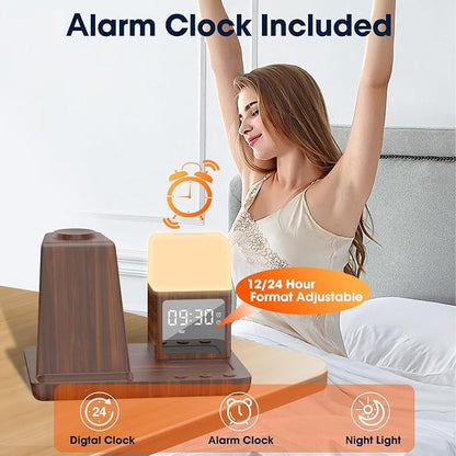 Wireless Charger for Samsung/Android, 6 in 1 Phone Nightstand Charging Station Charger with Alarm Clock/Night Light for Samsung S25/S24/S23 Ultra/Buds3,Watch Charger for Galaxy Watch 8/7/6/5-Wood