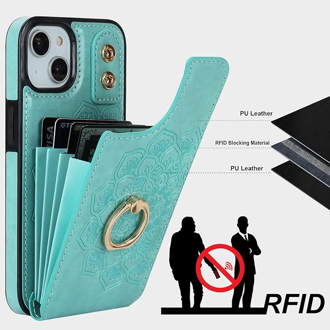 HAOPINSH for iPhone 13/ iPhone 14 Wallet Case with Card Holder, 360°Rotation Ring Kickstand, Green Mandala Pattern, RFID Blocking Leather for Girls Women, Double Buttons Flip Protective Cover 6.1"