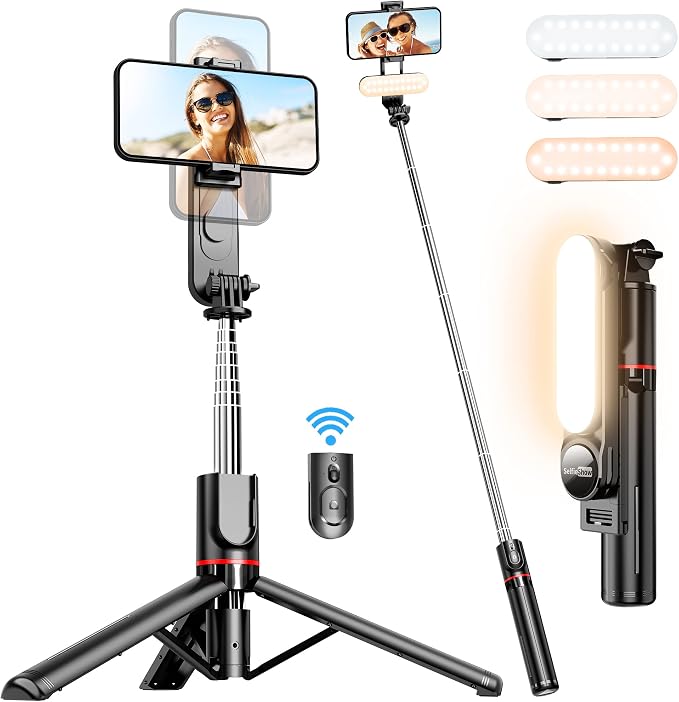 Stable Selfie Stick Tripod with Fill Light, 44 Inch Extendable Selfie Stick with Wireless Remote and Tripod Stand 360 Rotation for iPhone 15/14/13/12/11 Pro/XS Max/XS/XR/X/8/7, Samsung and Smartphone