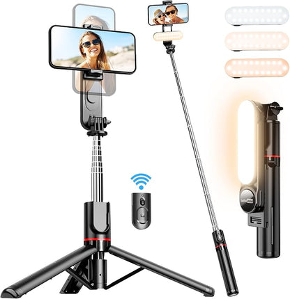 Stable Selfie Stick Tripod with Fill Light, 44 Inch Extendable Selfie Stick with Wireless Remote and Tripod Stand 360 Rotation for iPhone 15/14/13/12/11 Pro/XS Max/XS/XR/X/8/7, Samsung and Smartphone