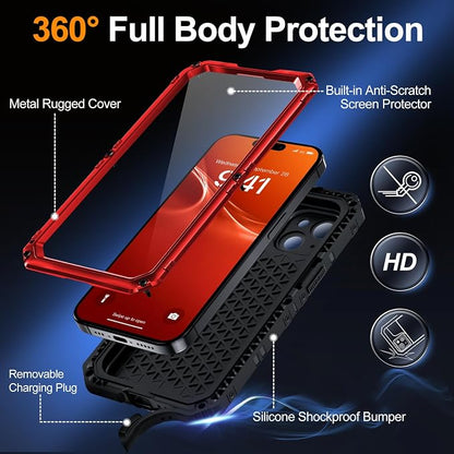 Mitywah Waterproof Case for iPhone 15, Heavy Duty Shockproof Case with Built-in Screen Protector, Full Body Underwater Protective Metal Case 6.1 inch, Red