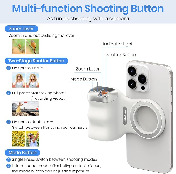 Magnetic Phone Camera Grip, Smartphone Shooting Holder Selfie Handle Snap with Wireless Shutter Button Remote for iPhone 16 15 14 13 12 Pro Max Android Cellphone Vlog Video Photography(White)