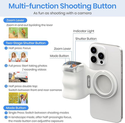 Magnetic Phone Camera Grip, Smartphone Shooting Holder Selfie Handle Snap with Wireless Shutter Button Remote for iPhone 16 15 14 13 12 Pro Max Android Cellphone Vlog Video Photography(White)