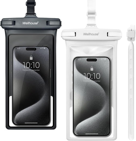 wellhouse Waterproof Phone Pouch, Waterproof Phone Case for iPhone 17 16 15 14 13 Pro Max XS Samsung, IPX8 3D Cellphone Dry Bag Beach Essentials (2 Pack - Black & White8.0, 8 inch)