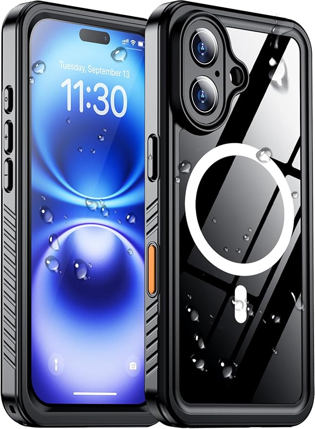 Temdan Compatible with iPhone 16 Case Waterproof, Compatible with MagSafe Built-in Screen & Camera Protector IP68 Underwater Full Body 16FT Military Dropproof Shockproof Phone Case 6.1"-Black