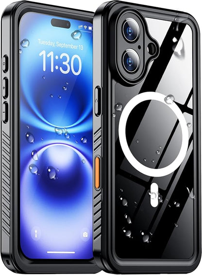 Temdan Compatible with iPhone 16 Case Waterproof, Compatible with MagSafe Built-in Screen & Camera Protector IP68 Underwater Full Body 16FT Military Dropproof Shockproof Phone Case 6.1"-Black