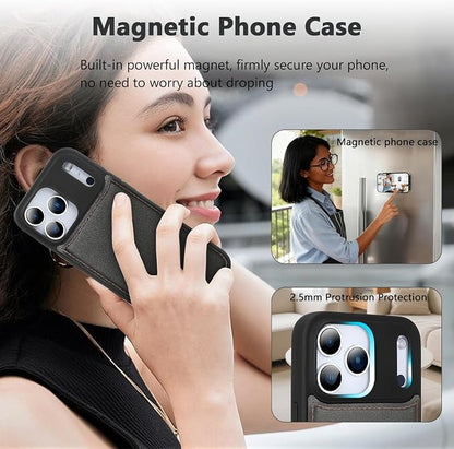 Wallet Case for iPhone 17 Pro with Card Holder/Crossbody Wallet/Strap,[RFID Blocking][Magnetic] PU Leather Phone Case for iPhone 17 Pro,6.3 in,Black