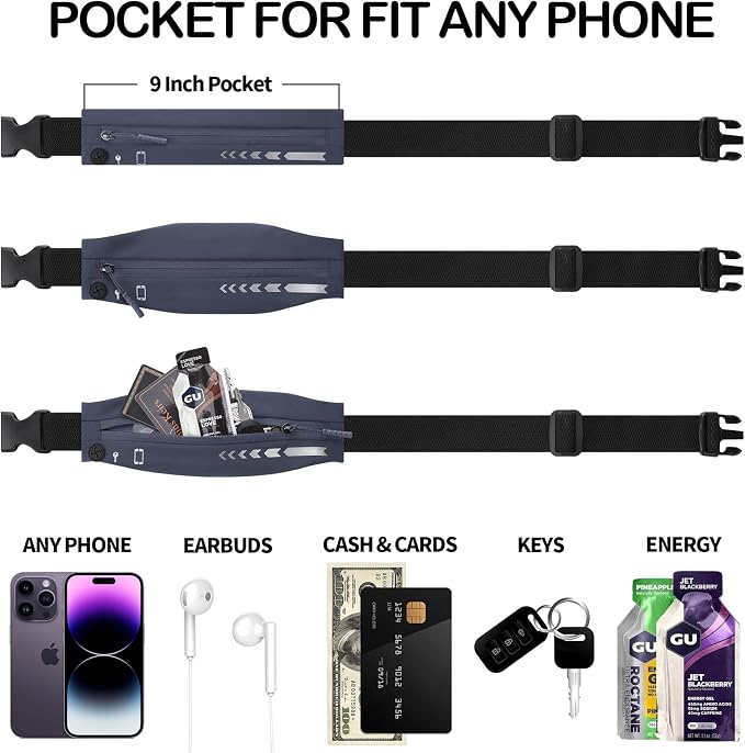 USHAKE Slim Running Belt for Women Men-Runners Phone Holder Fanny Pack, Adjustable, Bounce Free Waist Pouch bag for Workout, Money Belt, Run Gear Accessories Dark Grey