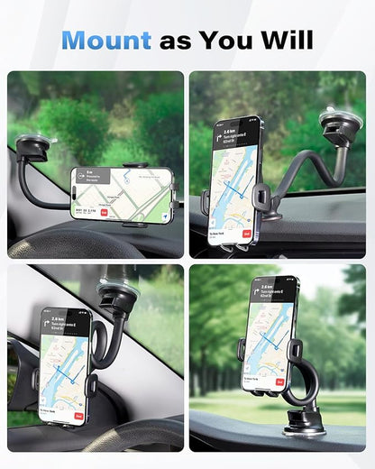 1Zero Solid Car Truck Phone Mount Holder with 14-Inch Gooseneck Long Arm, Windshield Window Mobile Holders w/Industrial-Strength Suction Cup, Anti-Shake Stabilizer Compatible All Cell Phones iPhone