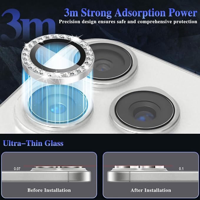 ShinKin Camera Lens Protector for iPhone 17 Pro/iPhone 17 Pro Max, Glitter Camera Cover, 9H Tempered Glass Individual Metal Ring Camera Protector for iPhone 17 Pro/17 Pro Max (Diamond - Silver)