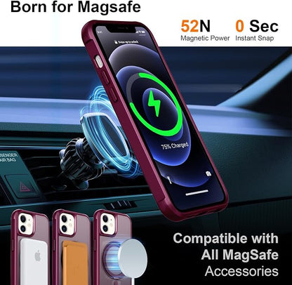 360° Magnetic Swivel Ring for iPhone 12 case, Built-in Metal Stand and Ring Holder, Magsafe Compatible, Military Grade Protection, Shock and Vibration Resistant - Wine Red