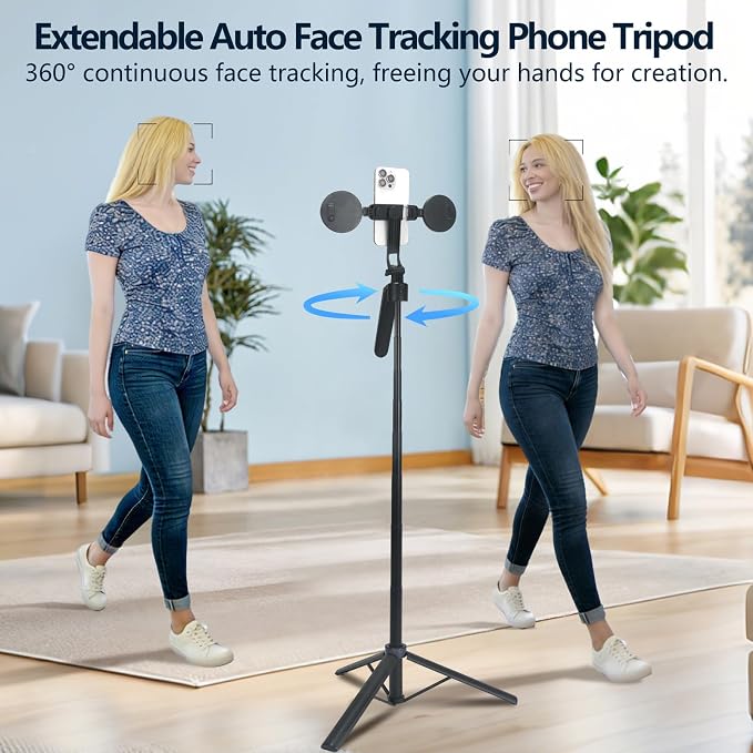 Auto Face Tracking Tripod for iPhone & Android, 360° Rotating Phone Tripod with 2 LED Fill Lights, Extendable 70″ Selfie Stick for Video Recording, Live Streaming, Ideal for Content Creators