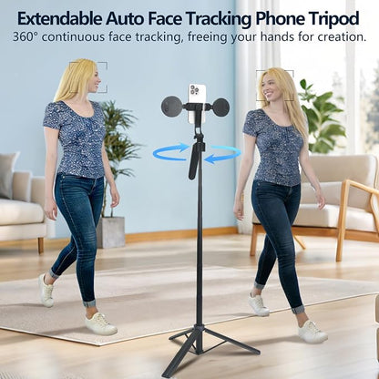 Auto Face Tracking Tripod for iPhone & Android, 360° Rotating Phone Tripod with 2 LED Fill Lights, Extendable 70″ Selfie Stick for Video Recording, Live Streaming, Ideal for Content Creators