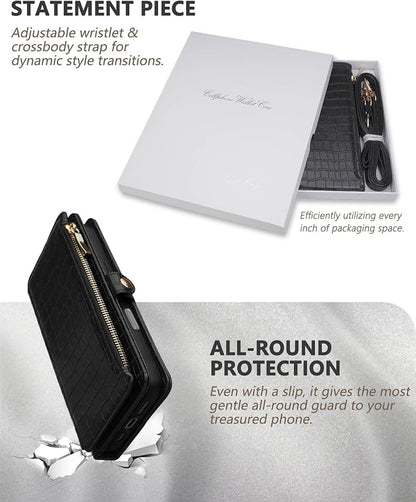 Crossbody Wallet Case for iPhone 16 Plus with Mirror, Wrist Strap, Zipper Purse Magnetic Flip RFID Blocking Card Holder, Wireless Charging, PU Leather Shockproof 6.7" Women (Black)