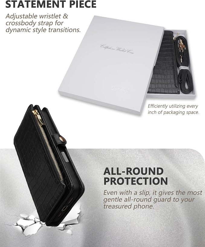 Crossbody Wallet Case for iPhone 16 Pro Max with Mirror, Wrist Strap, Zipper Purse Magnetic Flip RFID Blocking Card Holder, Wireless Charging, PU Leather Shockproof 6.9" Women (Black)