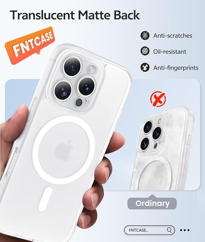 FNTCASE for iPhone 16 Pro Max Case: [Compatible with Magsafe] Translucent Matte Cases with [Full Camera Protection] [Screen Protector] Military Grade Shockproof Protective Phone Cover - White