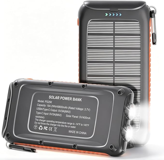 Solar Charger Power Bank 49800mAh, Portable Solar Phone Charger with 2 USB-A & USB-C Ports, 15W Fast Charging for iPhone, Samsung and More, Dual Flashlightfor Camping, Travel & Emergency Backup