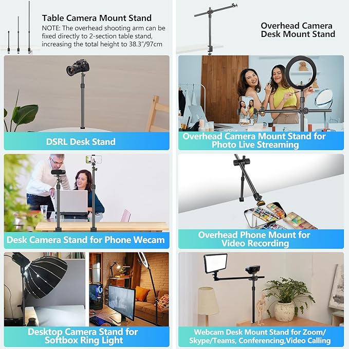 Camera Desk Mount Webcam Stand with Overhead Articulating Magic Boom Arm 1/4" Ball Head for DSLR Tripod, Adjustable Light Stand, Tabletop C Clamp for Ring Light Photo Video Shooting Live Streaming