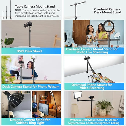 Camera Desk Mount Webcam Stand with Overhead Articulating Magic Boom Arm 1/4" Ball Head for DSLR Tripod, Adjustable Light Stand, Tabletop C Clamp for Ring Light Photo Video Shooting Live Streaming