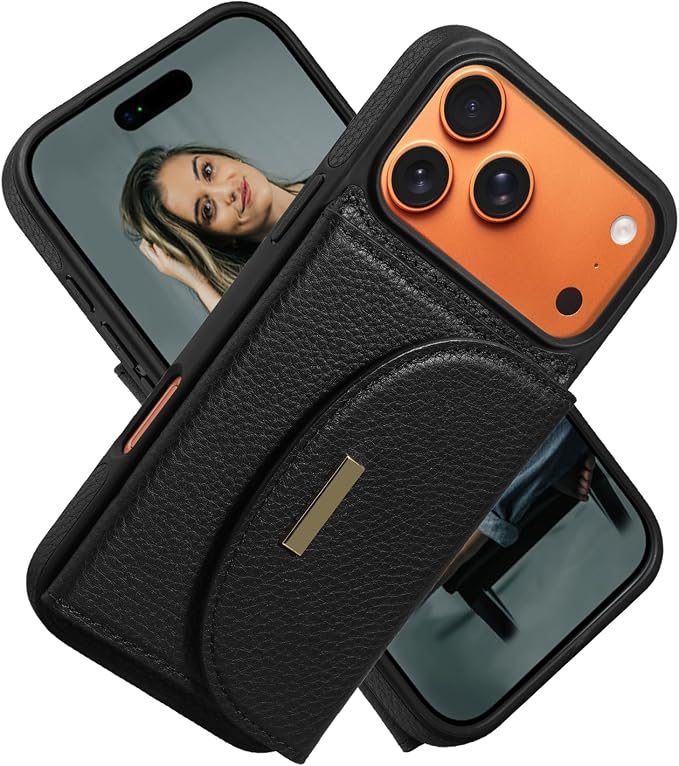 Keallce Wallet Case for iPhone 17 Pro Max 6.9'', Genuine Leather Magnetic Flip Case with RFID Blocking, Card Holder Slots and Kickstand, Protective Folio Cover for Women, Black