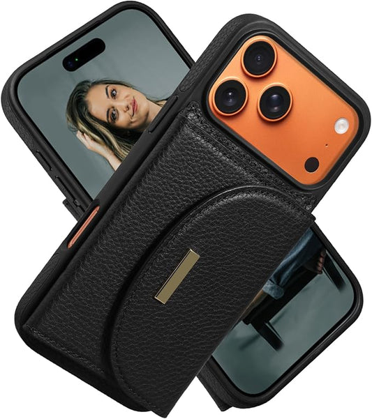 Keallce Wallet Case for iPhone 17 Pro Max 6.9'', Genuine Leather Magnetic Flip Case with RFID Blocking, Card Holder Slots and Kickstand, Protective Folio Cover for Women, Black