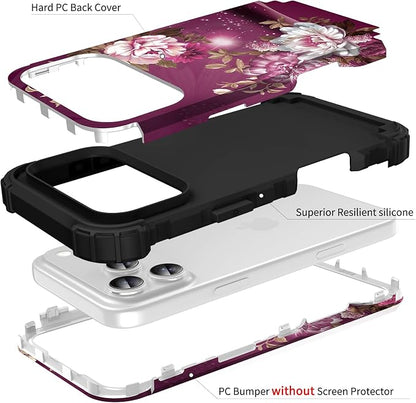 Hocase for iPhone 17 Pro Max Case, Heavy Duty Shockproof Protection Soft Silicone Rubber+Hard Plastic Bumpers Hybrid Protective Case for iPhone 17 Pro Max 2025 - Royal Purple Flowers