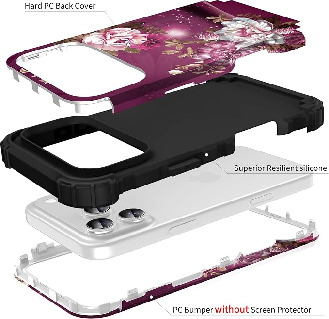 Hocase for iPhone 17 Pro Case 6.3", Heavy Duty Shockproof Protection Soft Silicone Rubber+Hard Plastic Bumpers Hybrid Protective Case for iPhone 17 Pro 2025 - Royal Purple Flowers