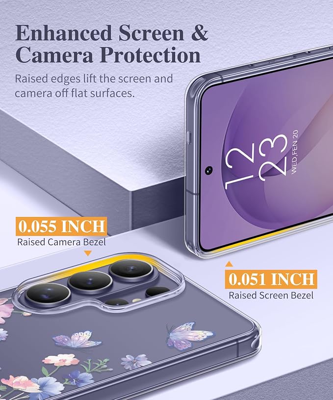 GVIEWIN for Samsung Galaxy S26 Ultra Case, Clear Floral Slim Shockproof Protective Women Phone Case, Non-Yellowing, with Screen Protector & Camera Lens Protector for S26 Ultra 6.9", Bloomwing/Blue