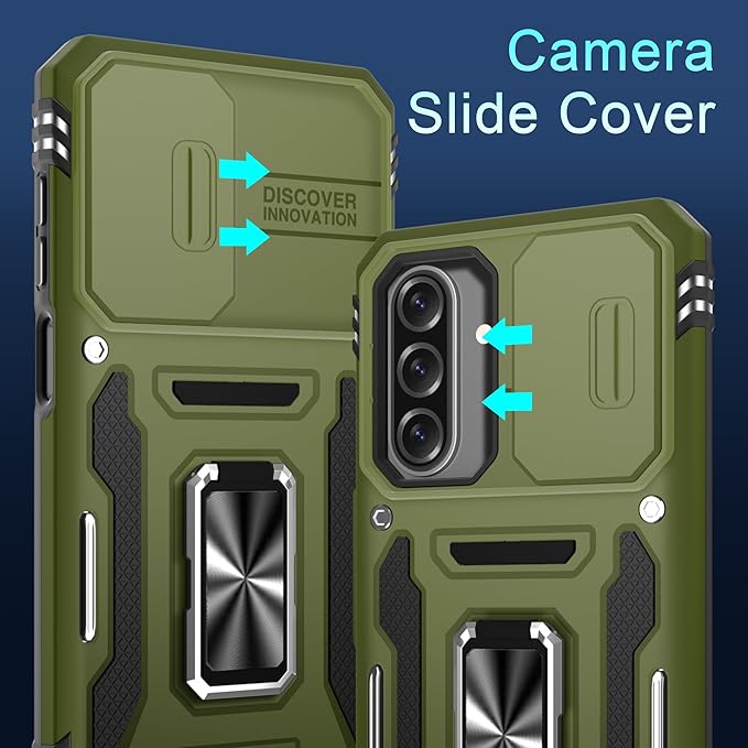 DEERLAMN Case for Samsung Galaxy A17 5G with Slide Camera Cover+Screen Protector (1 Pack), Rotated Ring Kickstand Military Grade Shockproof Protective Cover-Olive Green