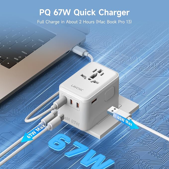 67W GaN Universal Travel Plug Adapter - International Power Adapter with 3 USB C & 1 USB A, Worldwide Power Outlet Travel Essentials for USA to European UK AUS Ireland, Type C/G/I/A (White)