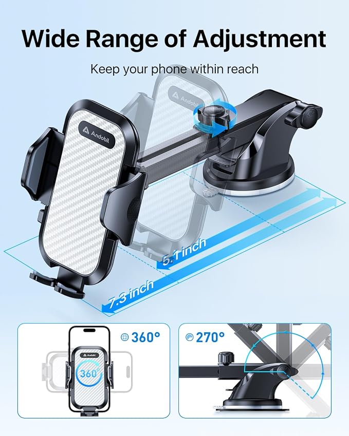 andobil Car Phone Holder Mount (Bumpy Roads Friendly) Military-Grade Phone Holders for Your Car Dashboard Windshield Air Vent Cell Phone Car Mount for iPhone 16 Pro Max 15 14 13, Samsung Silver
