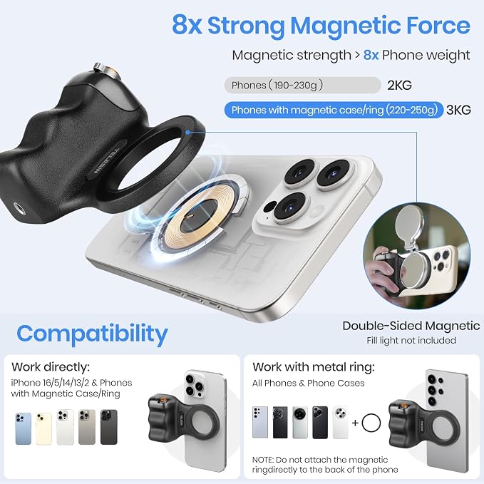 Magnetic Phone Camera Grip, Smartphone Shooting Holder Selfie Handle Snap with Wireless Shutter Button Remote for iPhone 16 15 14 13 12 Pro Max Android Cellphone Vlog Video Photography (Black)