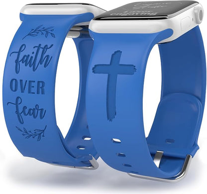 Faith Over Fear Watch Band compatible with Apple Watch Laser Engraved iWatch Band Silicone 38mm 40mm 41mm 42mm 44mm 45mm 49mm Strap Jesus Psalm Christian God (38/40/41/42mm S/M, Sapphire Blue)