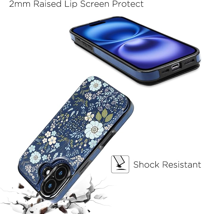 uCOLOR for iPhone 17 Wallet Case with Card Holder PU Leather RFID Blocking Design iPhone 17 flip case for Women Men Magnetic Clasp Kickstand Design 6.3 inch (Blue Daisy)